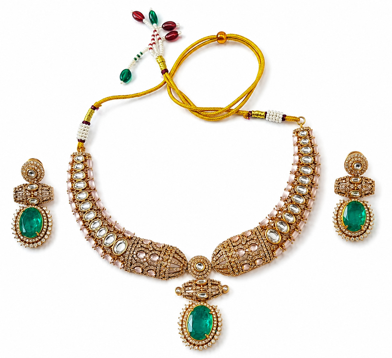Indian Kundan Necklace Set Green Pendant Earrings Gold Plated Bridal Jewelry 101