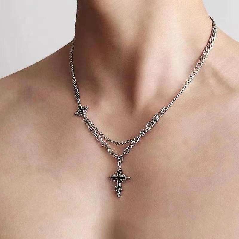 Double Layer Flame Cross Necklace Silver Black Unisex Y2K Mixed Chain Pendant