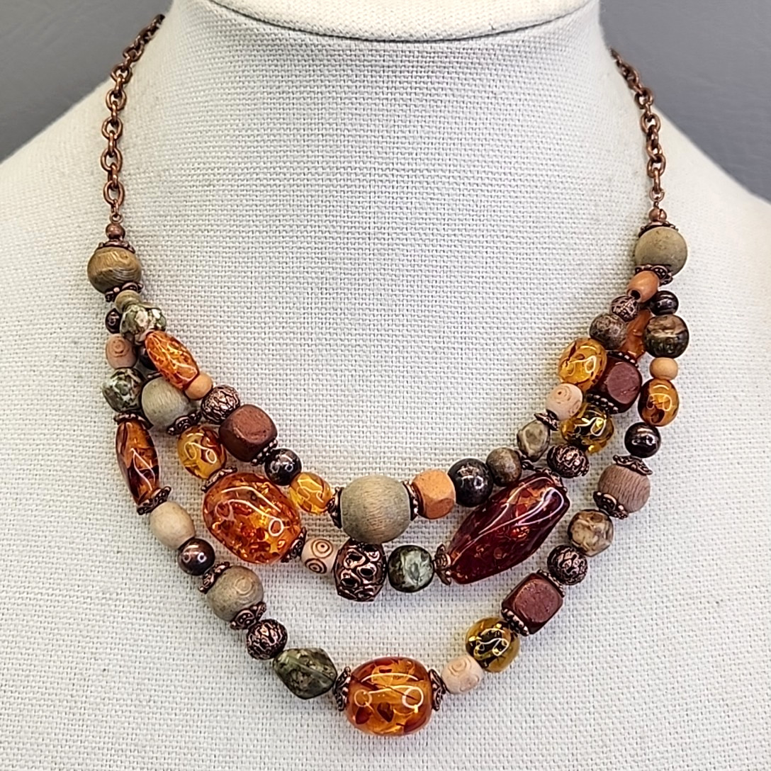 Beaded Necklace Roman Jewelry Copal Wood Beads Triple Layered 16-18″