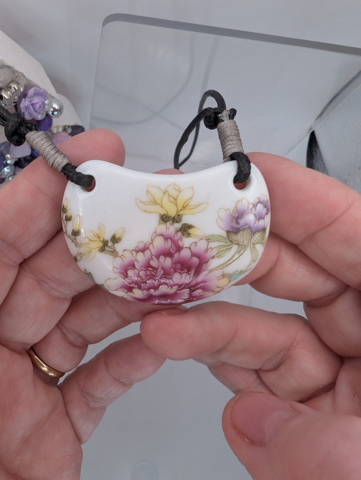 Crescent floral print white ceramic pendant adjustable cord NONE METAL Necklace