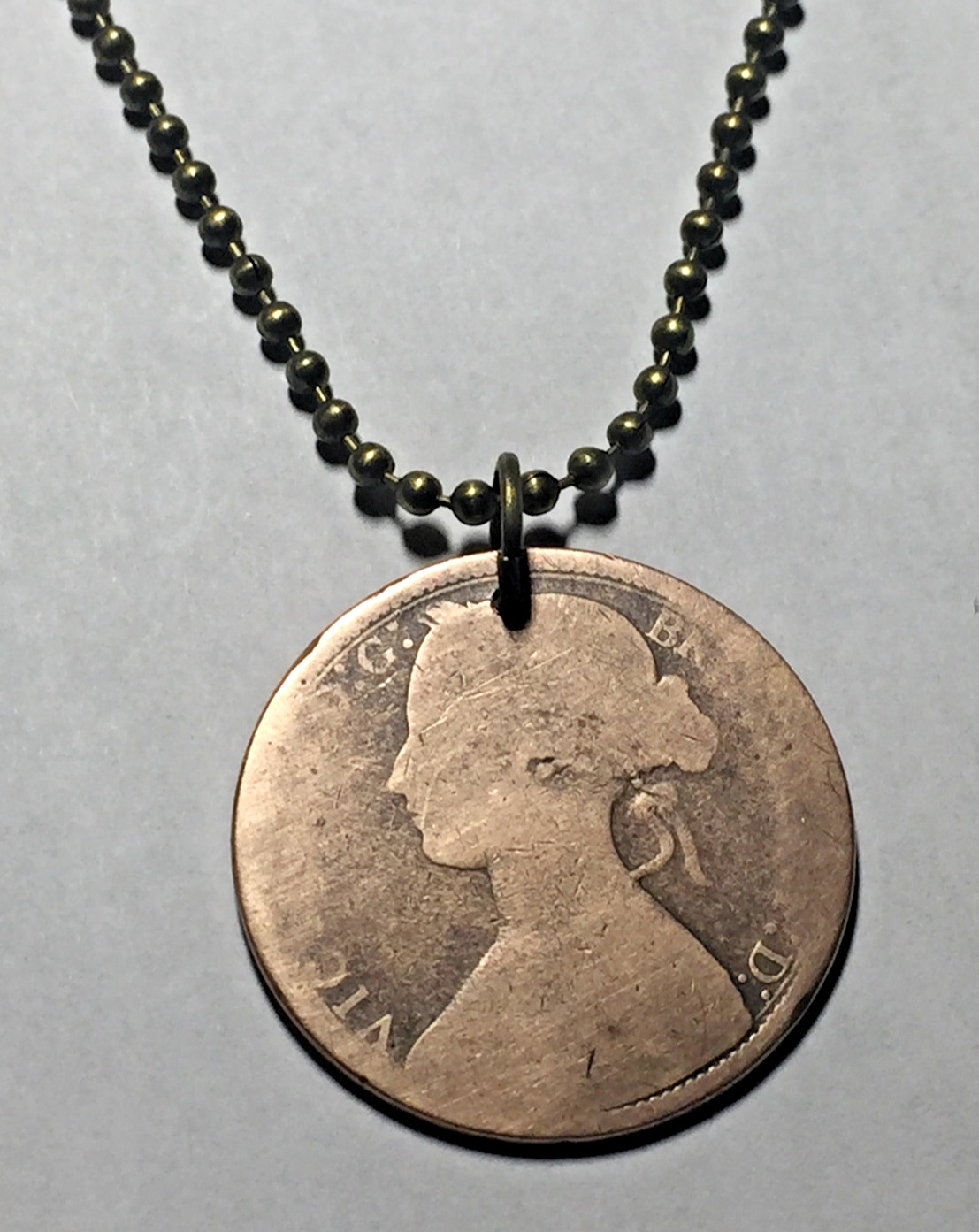 1873 UK Real Circulated 150 Year Old Large Penny Coin Pendant. Queen Victoria