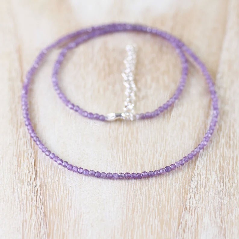 Amethyst 2mm Crystal Gemstone Faceted Beads Minimalist Dainty Choker Necklace