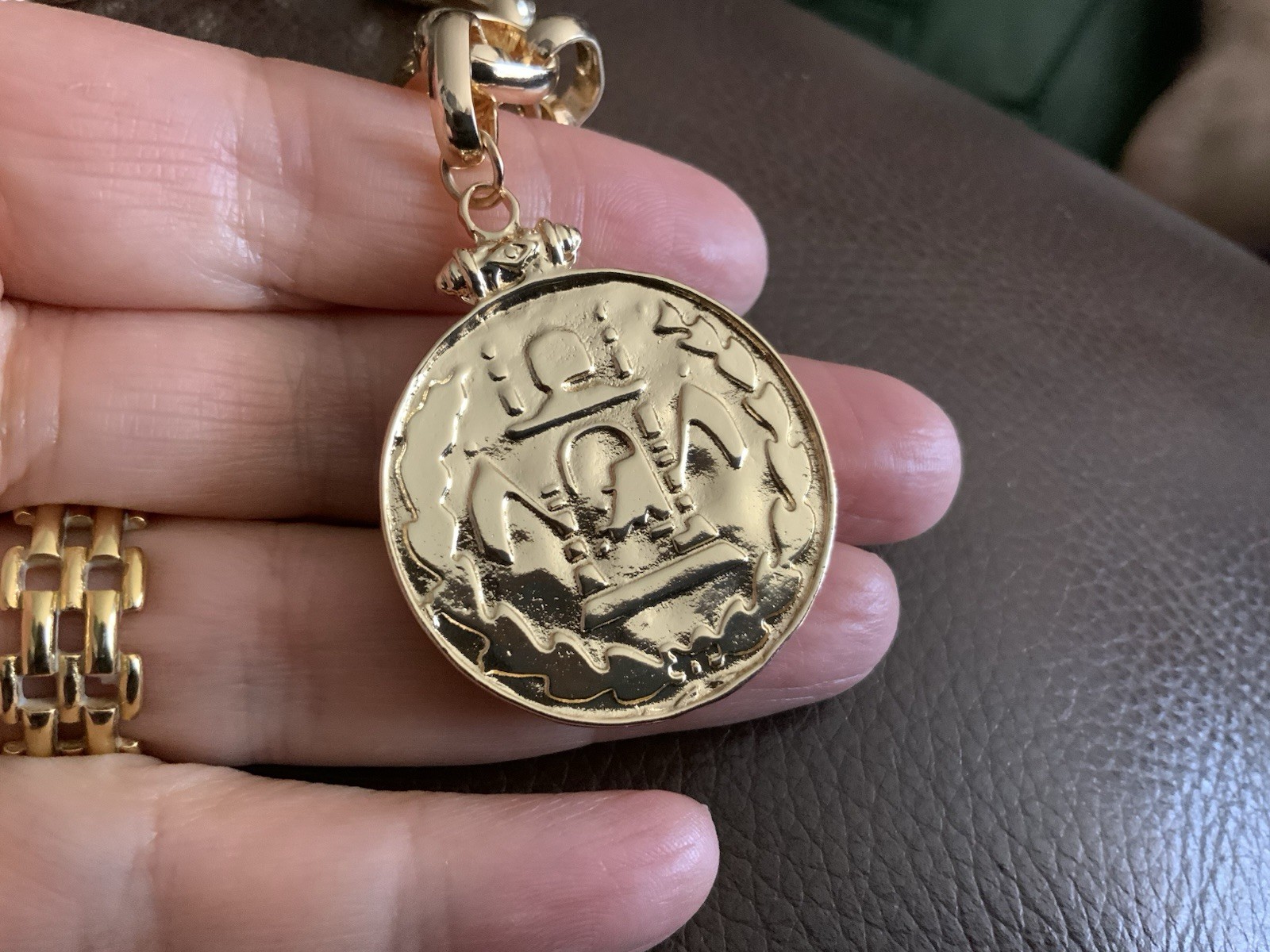 Chico’s Coin Gold Medallion Chain Necklace Greek Roman Statement Boho Portrait
