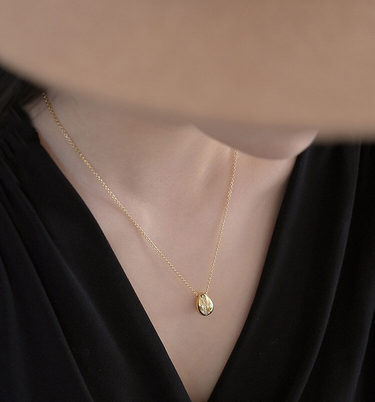 Coffee Bean CZ Pendant Necklace Choker Chain Gold Over 925 Sterling Silver N34