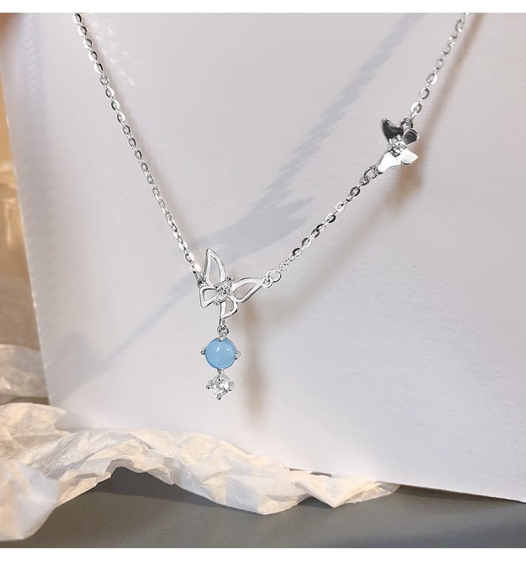 Silver Butterfly Necklace with Zircon Pendant for Women