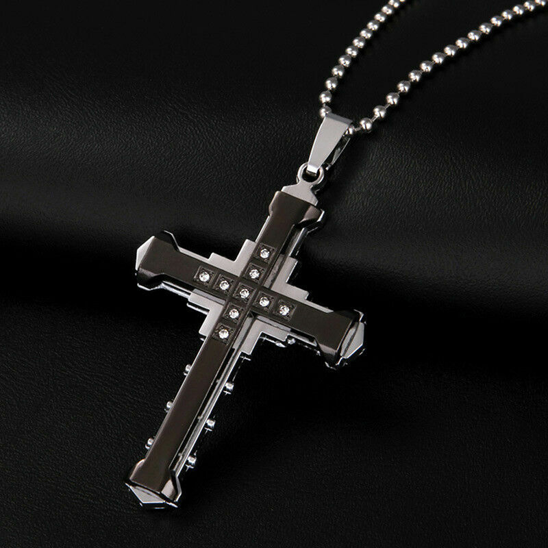 New Unisex Silver & Black Catholic Jesus Crucifix Cross Pendant Necklace