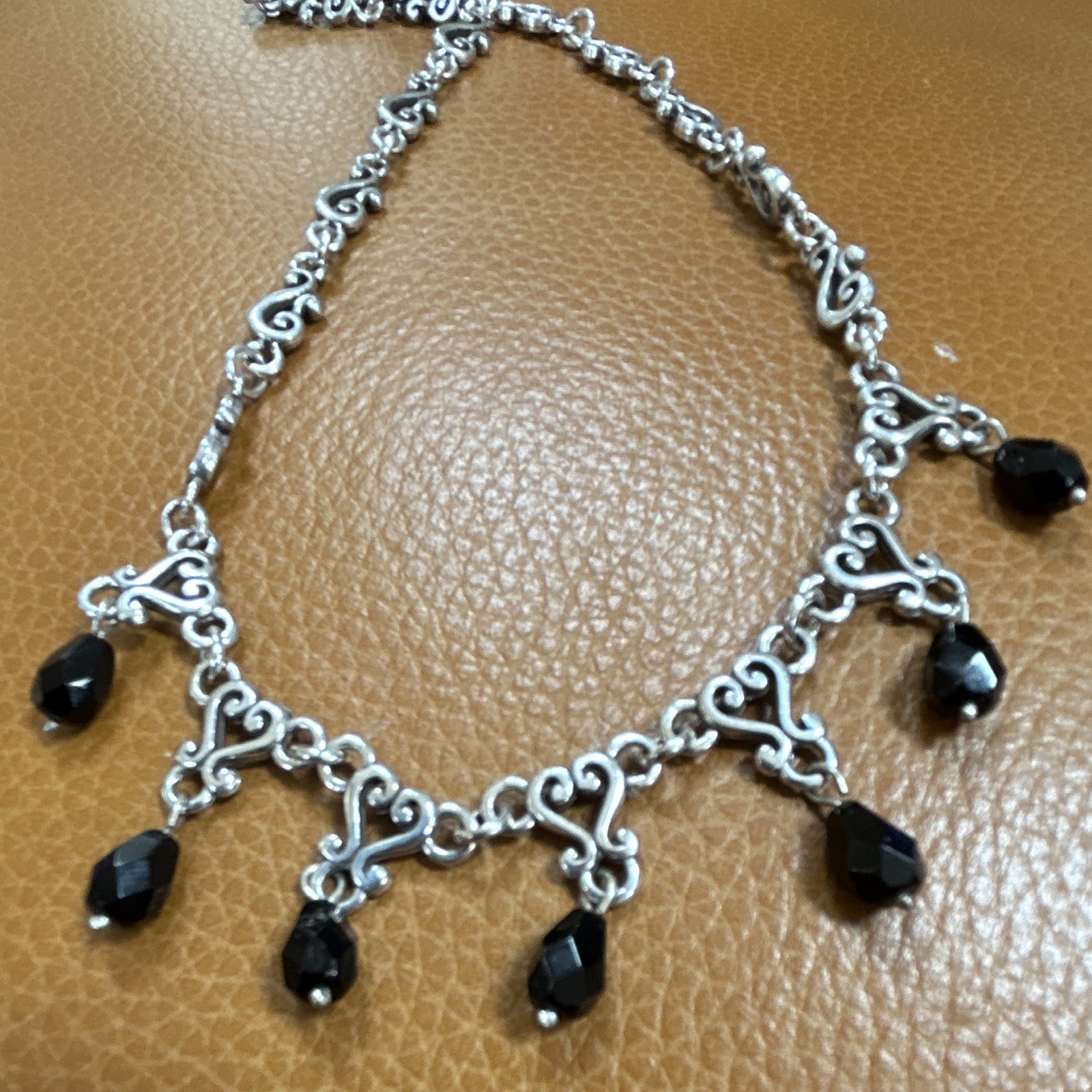 Vintage Brighton Silver Fluer-de-Lis Necklace Black Teardrop Crystal Dangle