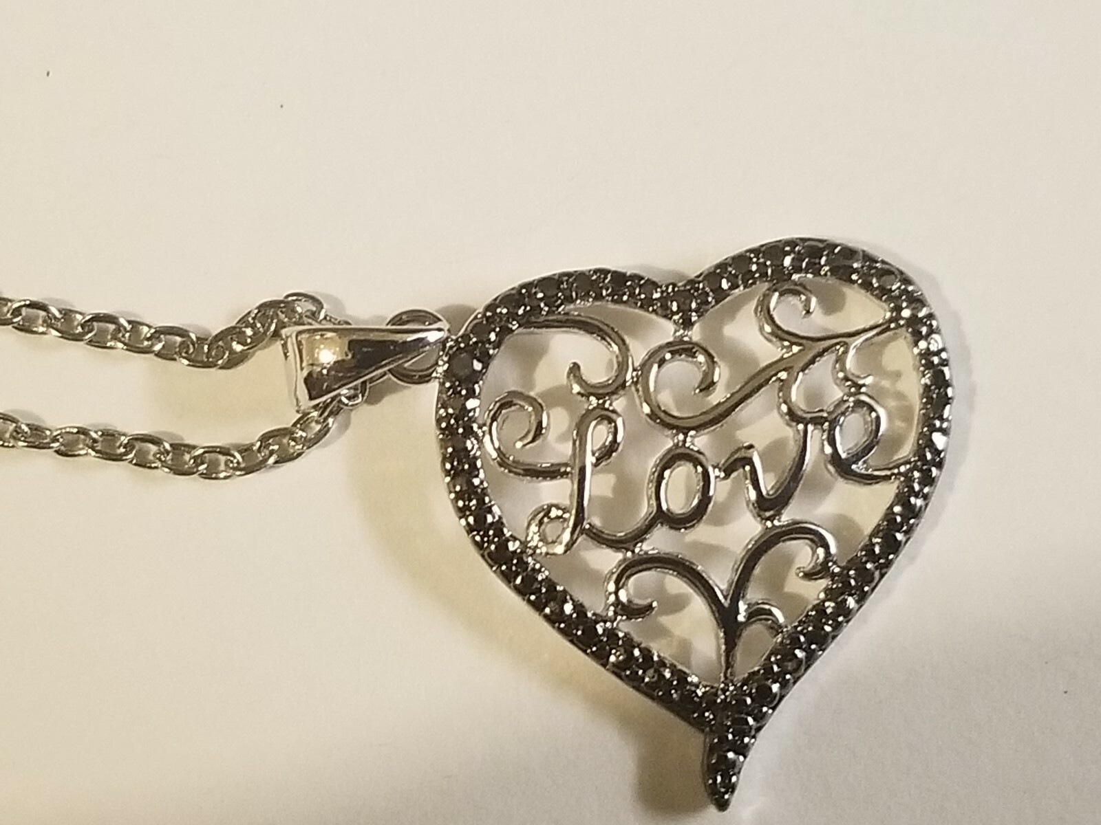 14k White Gold Overlay “Love” Heart Necklace