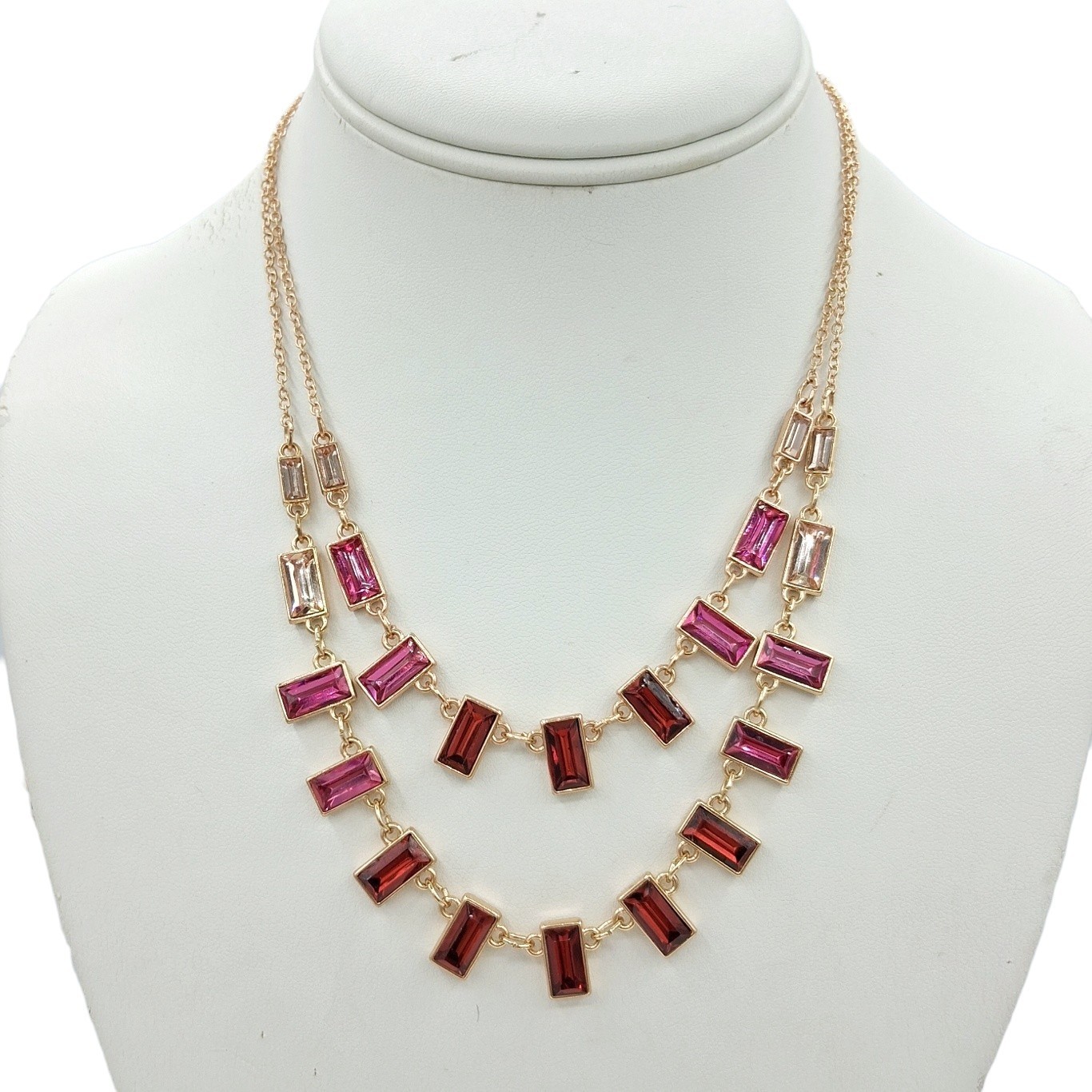 Gold Tone Ombre Red Pink Rhinestone Necklace Emerald Cut Two Strand 16-19″