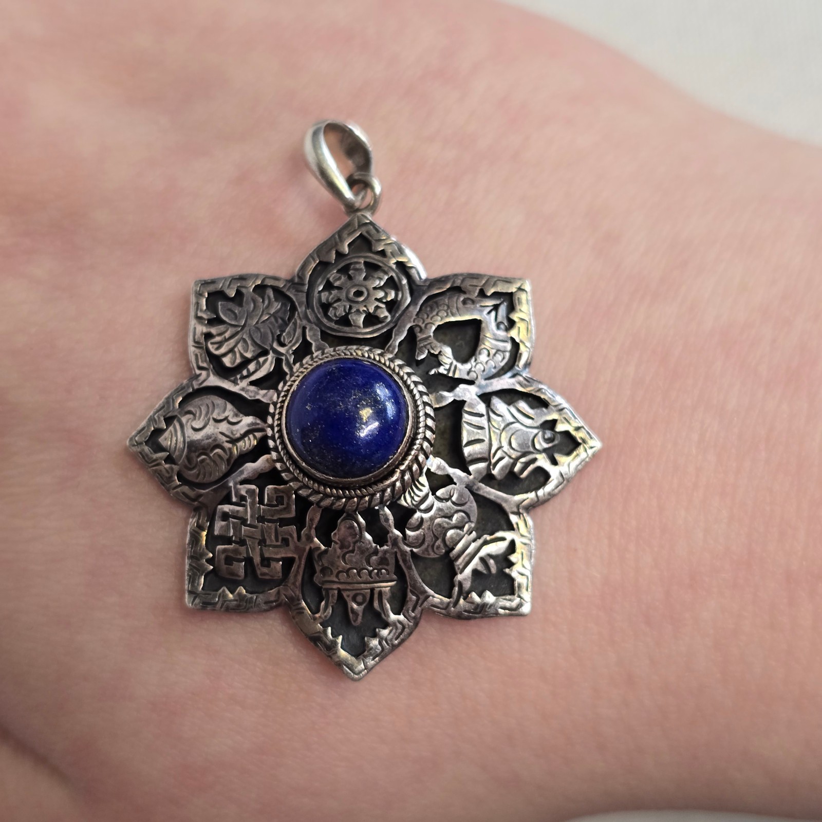 Sterling Silver Pendant 14.93g Jewelry Lapis Look Nepal Symbols Charm *READ*