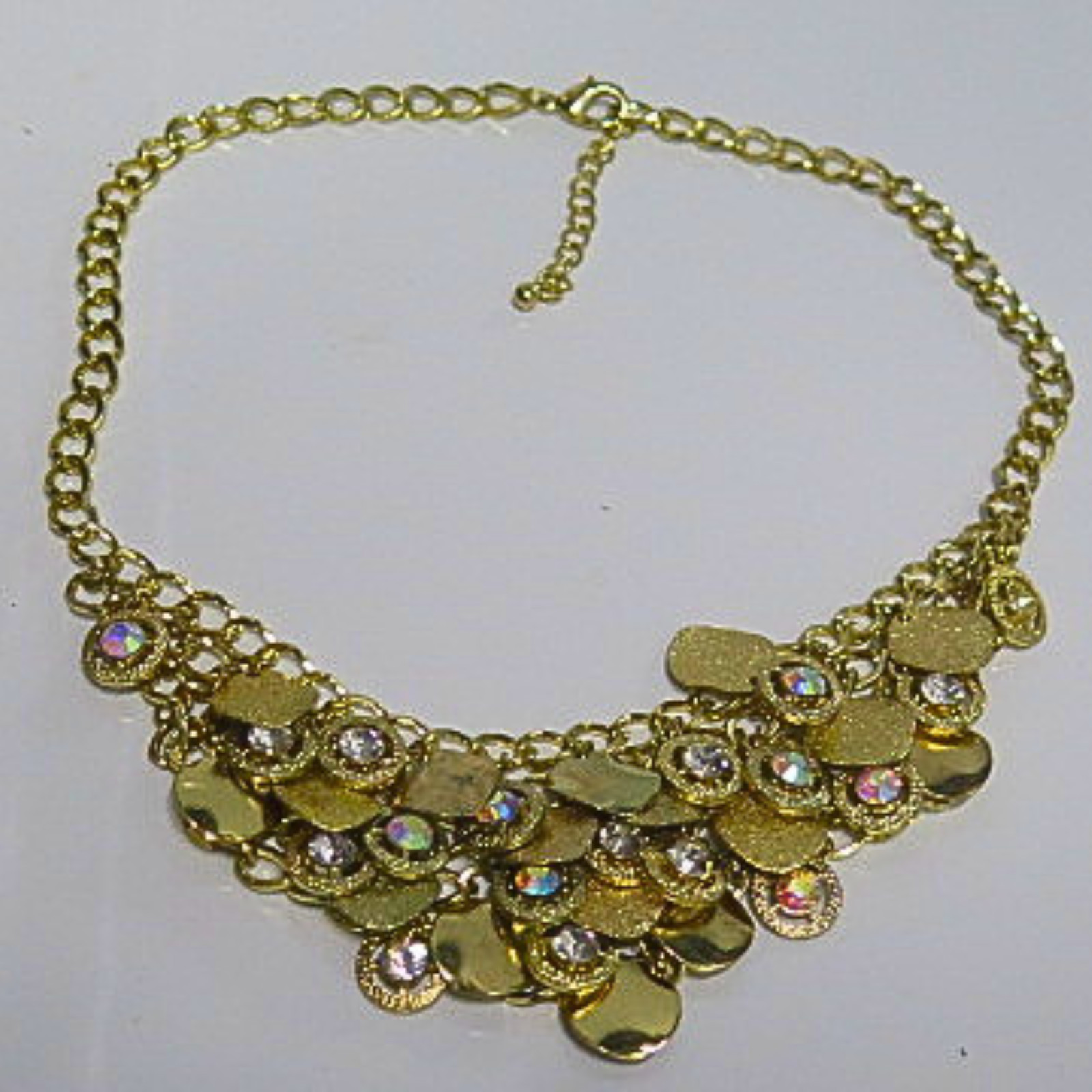 Gold Tone Crystal Coin Statement Bib Necklace AB Rhinestones Adjustable