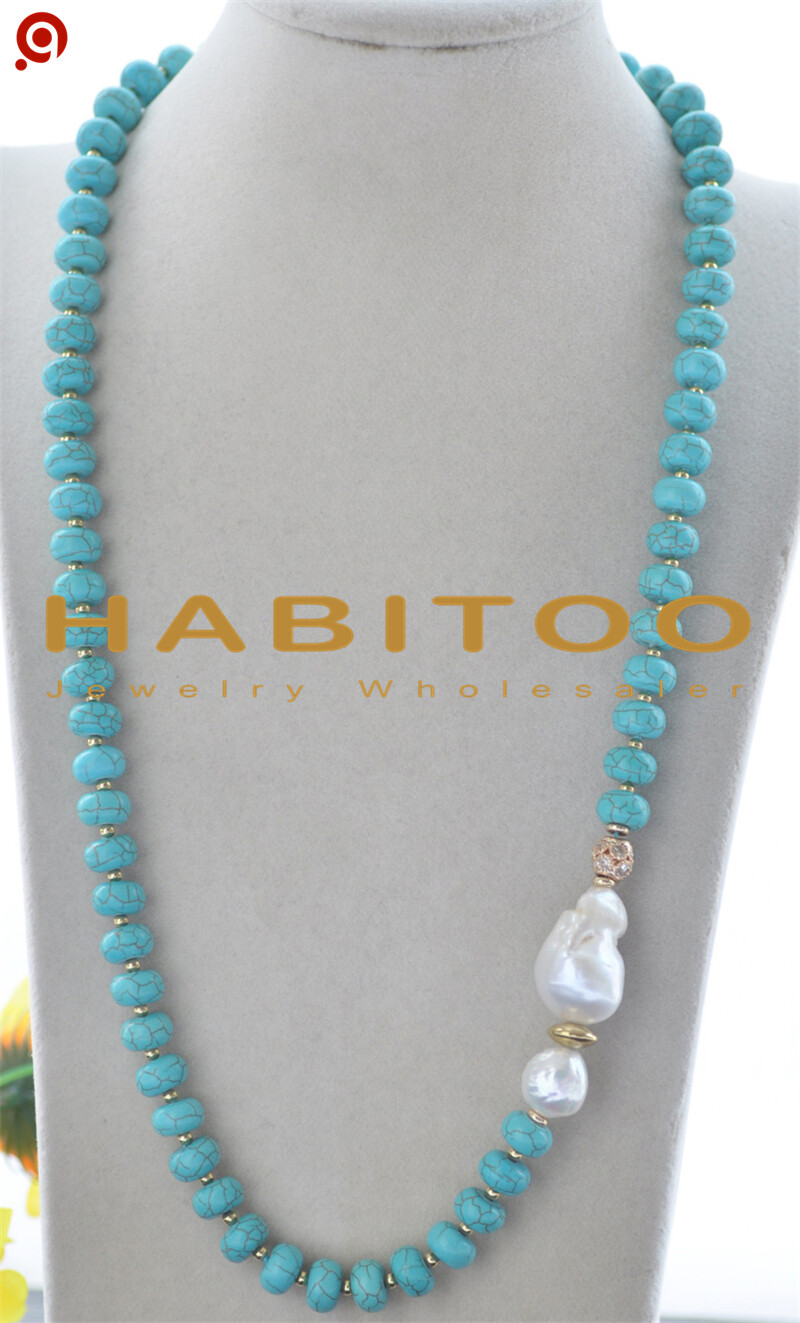 25″ 24mm Baroque White Keshi Pearl Rondelle Turquoise CZ Bead Necklace