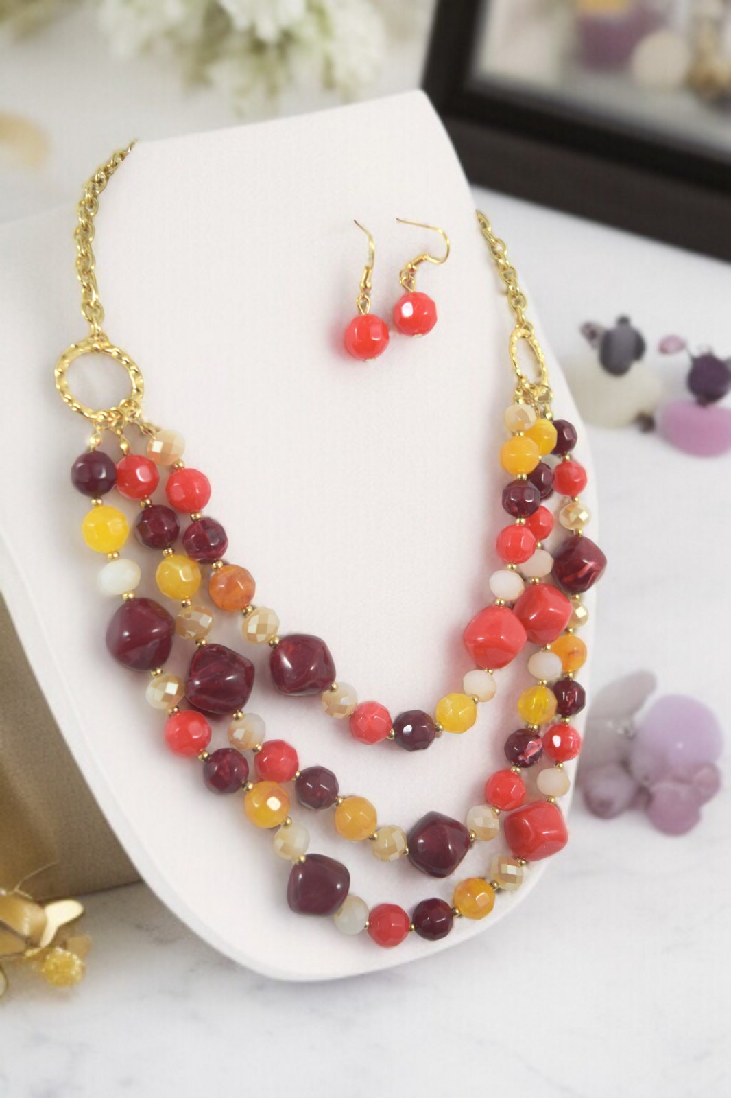 Colorful Multi-Strand Acrylic Bead Necklace & Earrings Set, Retro Color Necklace