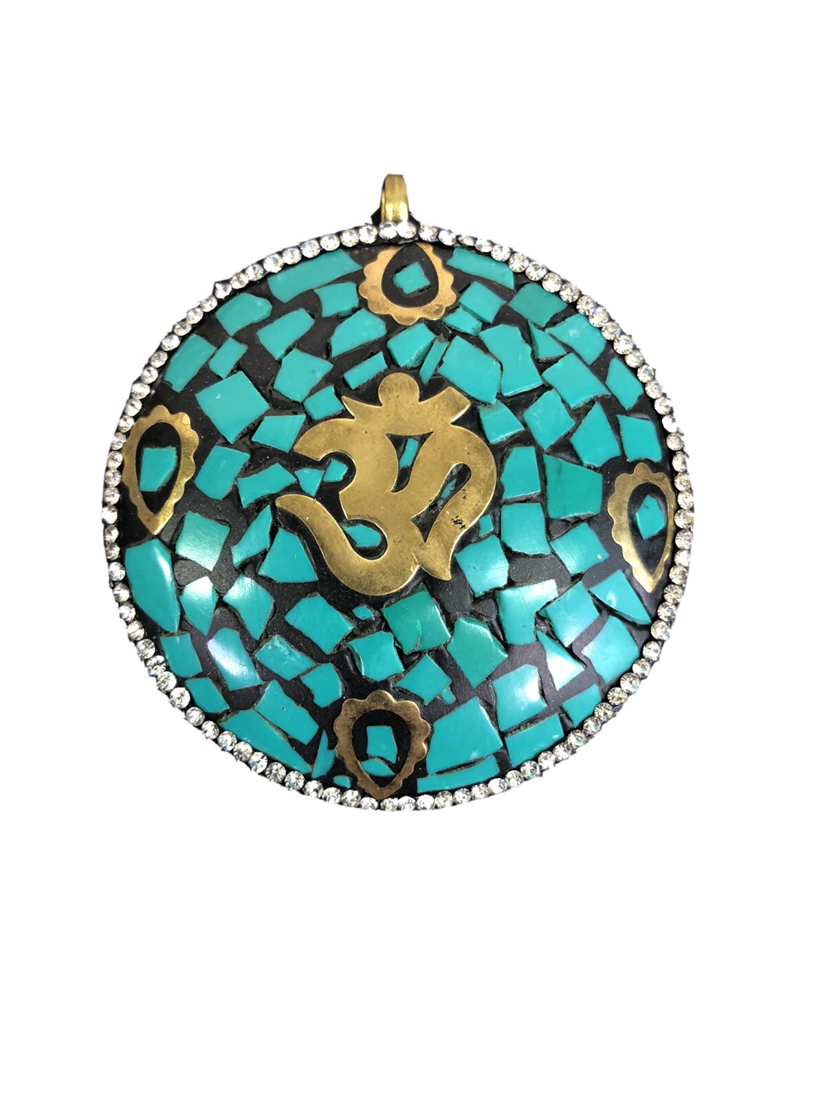 vtg OM Mantra turquoise brass pendant Tibet NEPAL newly crystal embellished