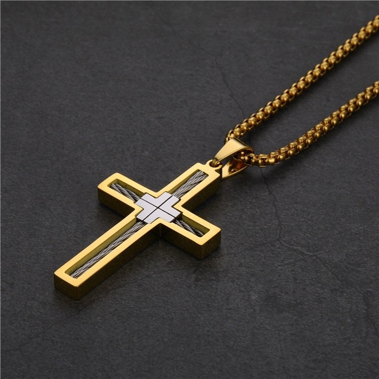 Mens Titanium Steel Cross Necklace Geometric Crucifix Pendant Gold Black Silver