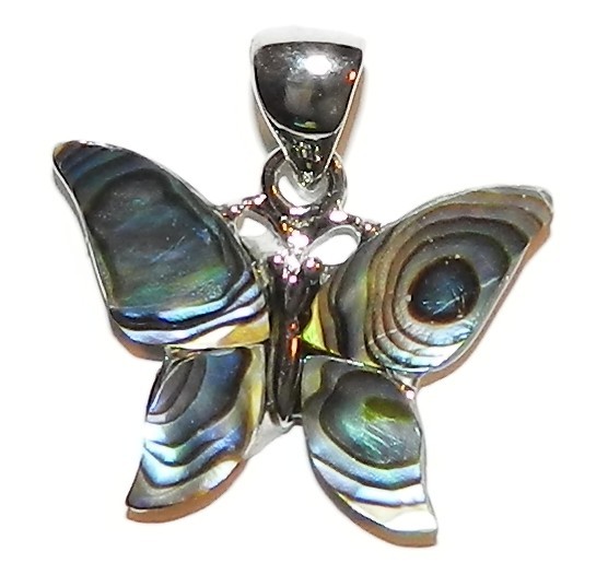 P1883 Abalone Shell Full Butterfly 26mm Pendant w Silver Brass Setting & Bail