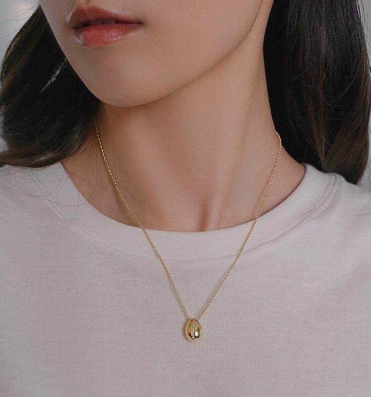 Coffee Bean CZ Pendant Necklace Choker Chain Gold Over 925 Sterling Silver N34