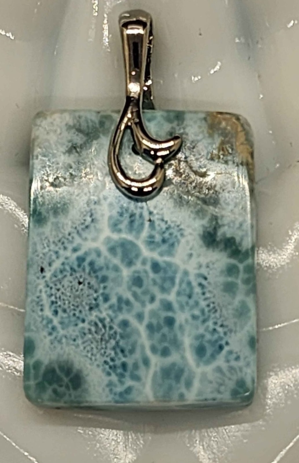Silver Larimar/Pectolite Rectangle Stone Charm Pendant w/ Silver-Tone Bail