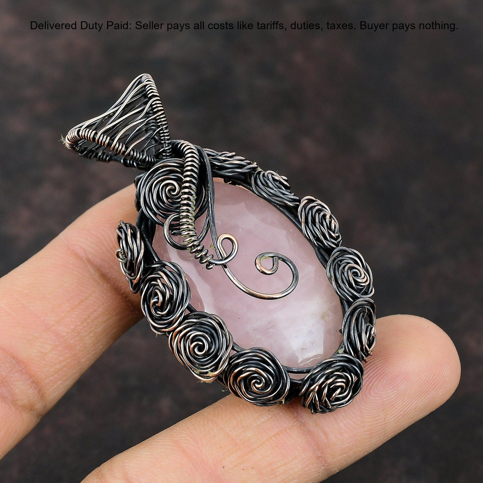 Copper Oval Rose Quartz Stone Anniversary Flower Sister Birthday Pendant Jewelry
