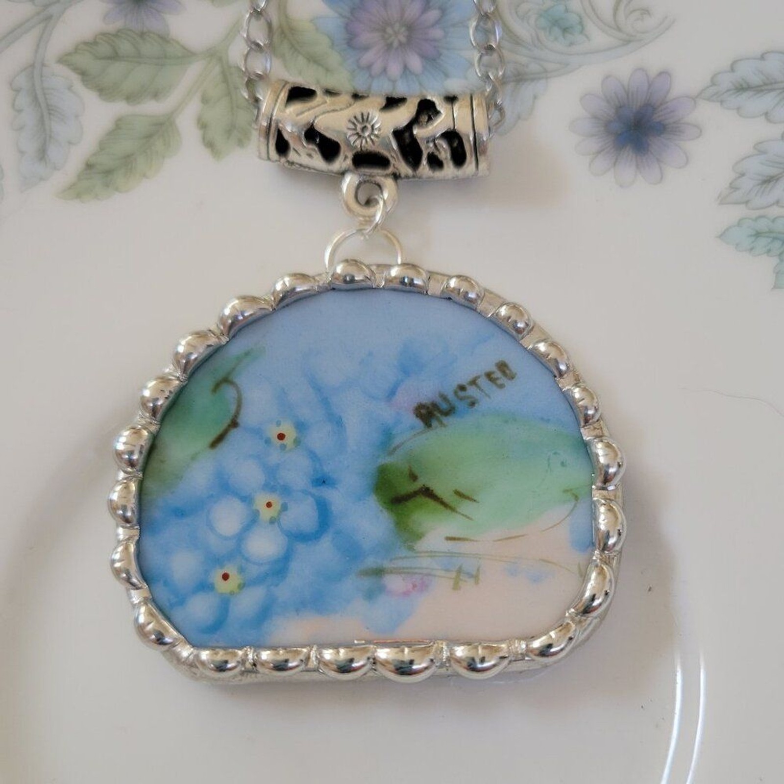 Sevres Bavaria Signed Hand Painted Forget Me Not Broken China Soldered Pendant