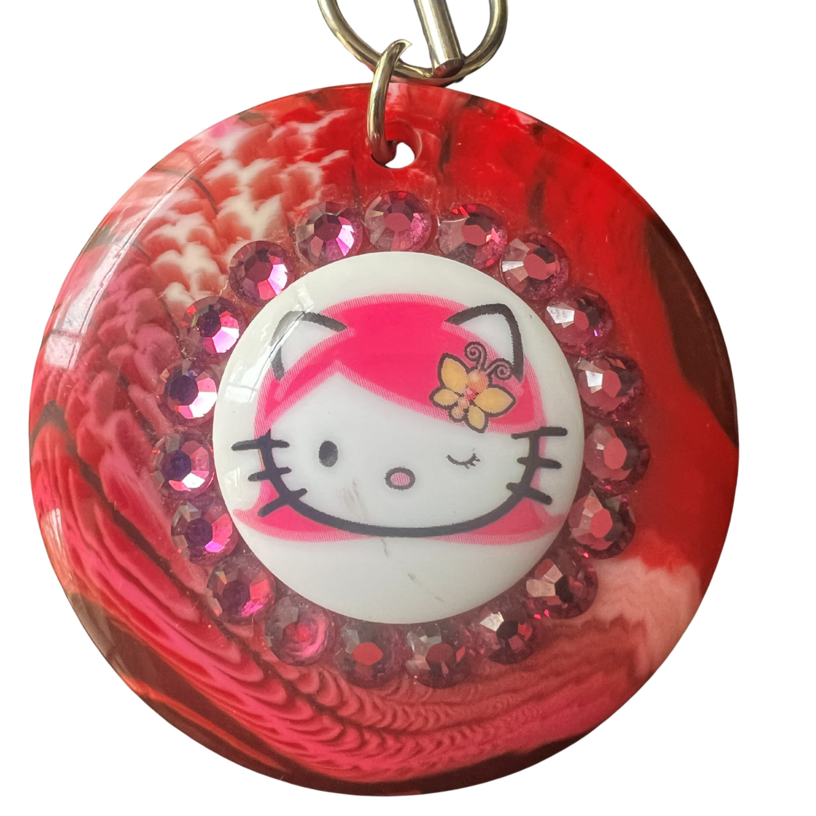 Tarina Tarantino Vintage Pink Head Red White Swirl Lucite Hello Kitty Necklace