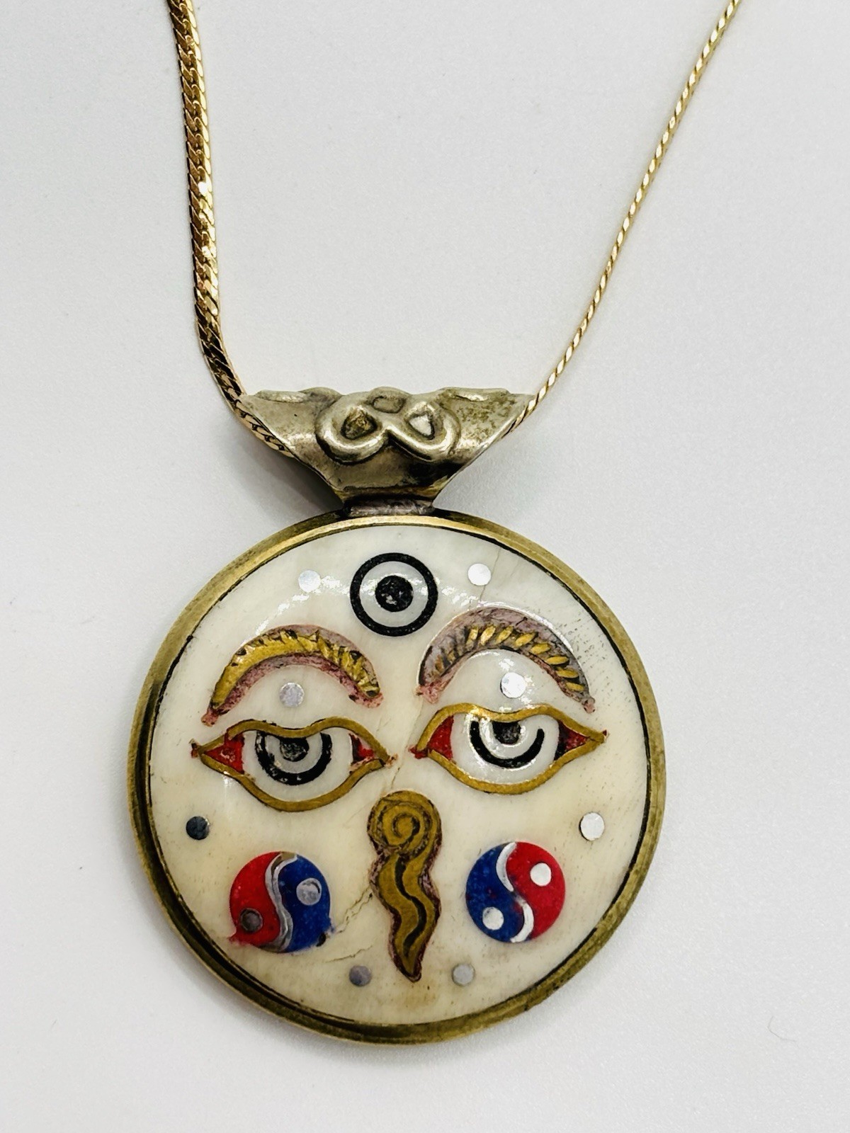 Symbolic Double-Sided Inlay Nepal Amulet Buddha Kathmandu Pendant Necklace