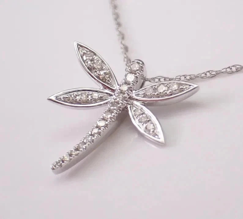14k White Gold Plated 1.00Ct Round Simulated Diamond Dragonfly Pendant Necklace