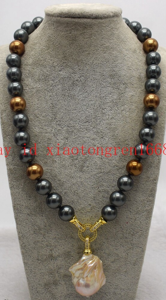 Fashion 12mm Black Brown Shell Pearl & Baroque Pearl Pendant Necklace 16-24in