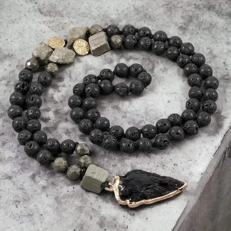 Black Obsidian Arrowhead Pendant lava Rock Pyrite Beads Meditation Necklace
