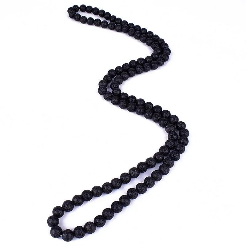 Men Necklace 8mm Black Volcanic Lava Stone Choker Rock Beads Chain Necklace 22”
