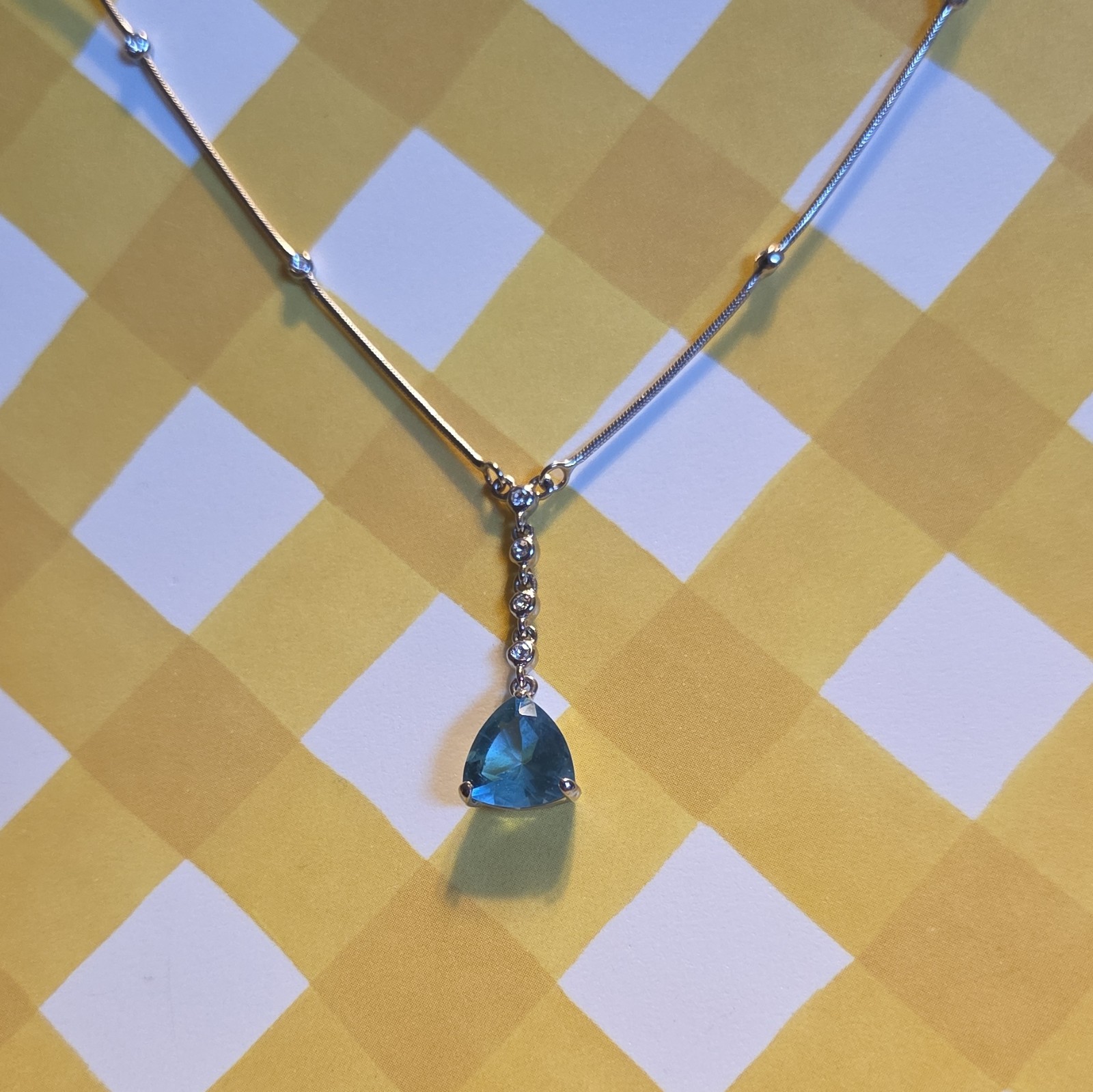 Silver Tone Snake Chain Necklace Blue Trillion Crystal Triangle Charm Pendant