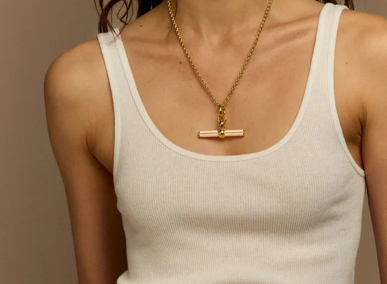 Rolo Chain T Bar Pendant Necklace Brass Metal with cream enamel necklace