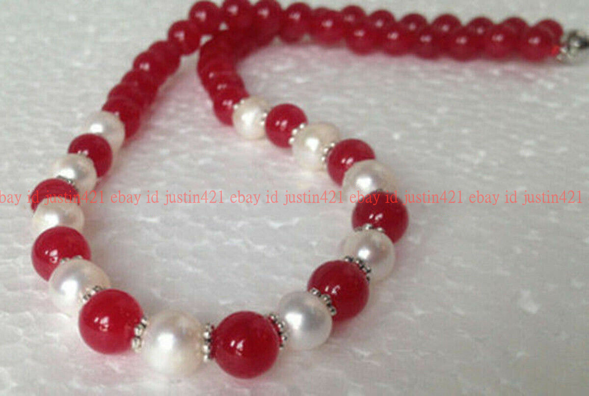 Natural 7-8mm Genuine 8mm Red Jade Round Gems & 7-8mm White Pearl Necklace 20″