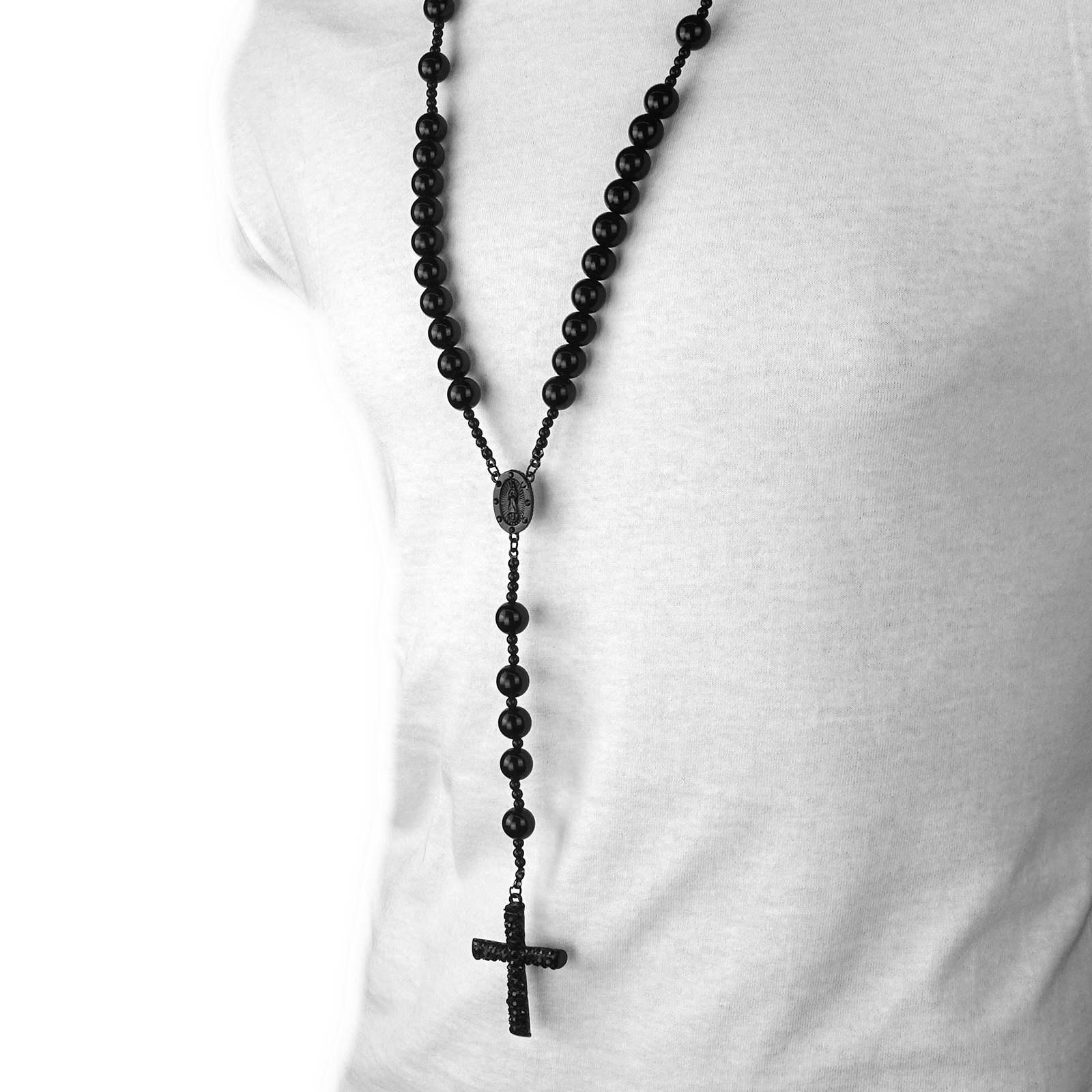 Men’s Hip Hop 15mm MATTE BLACK Beads Guadalupe Rosary & Jesus Cross Necklace BK