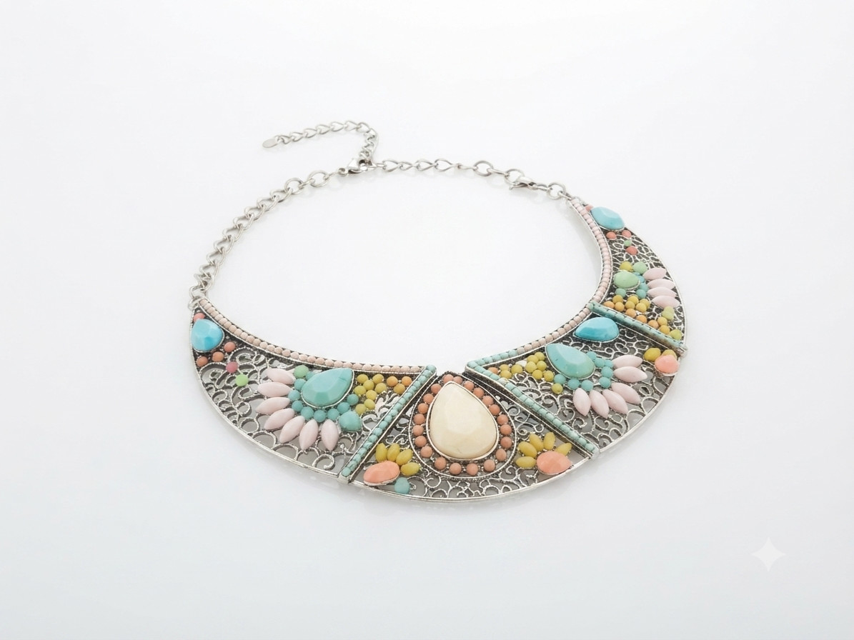 Retro Statement Collar Necklace Multi Color Beads Antique Silver Plated