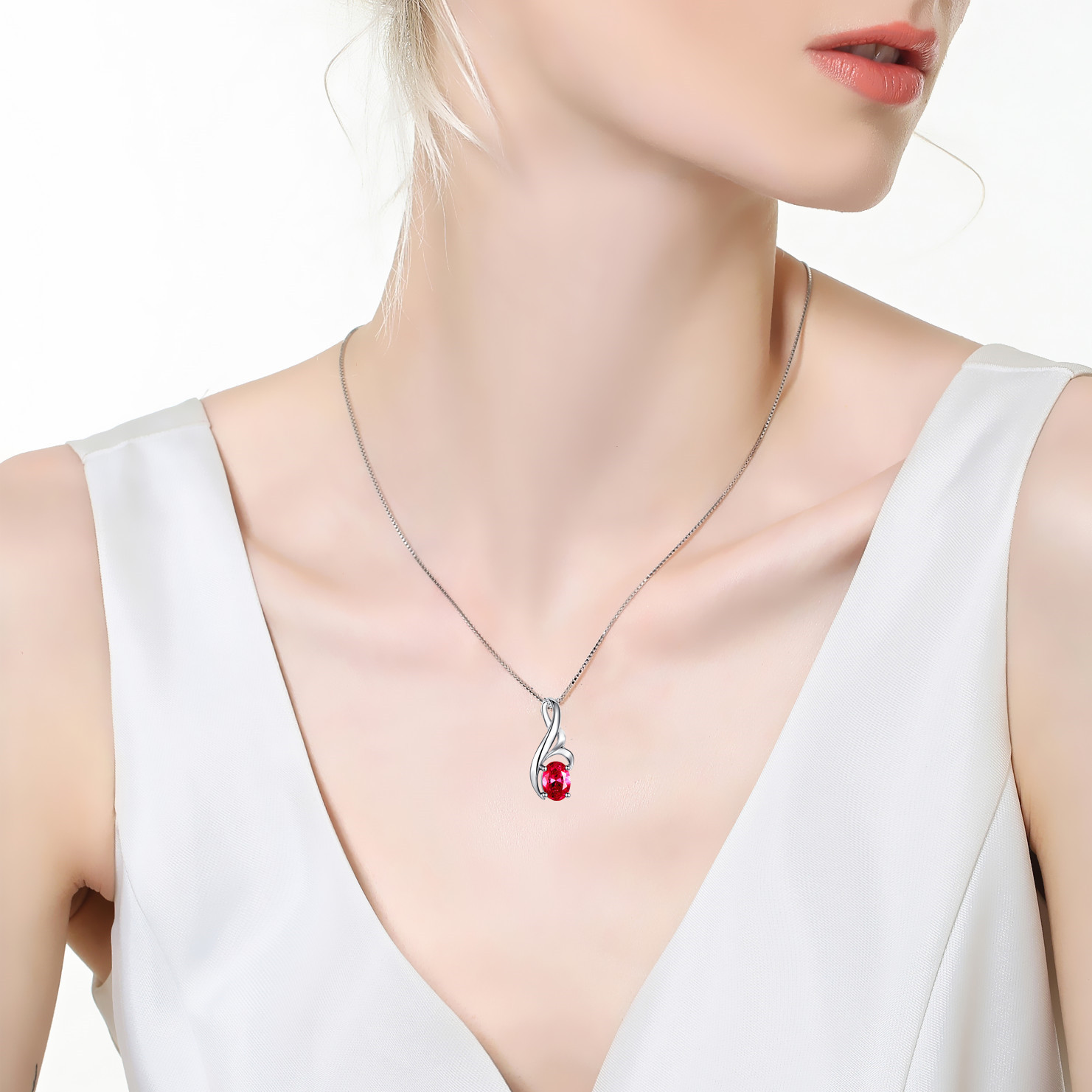 925 Sterling Silver Simulated Gemstone Ruby Oval Pendant Necklace for Women, 18″