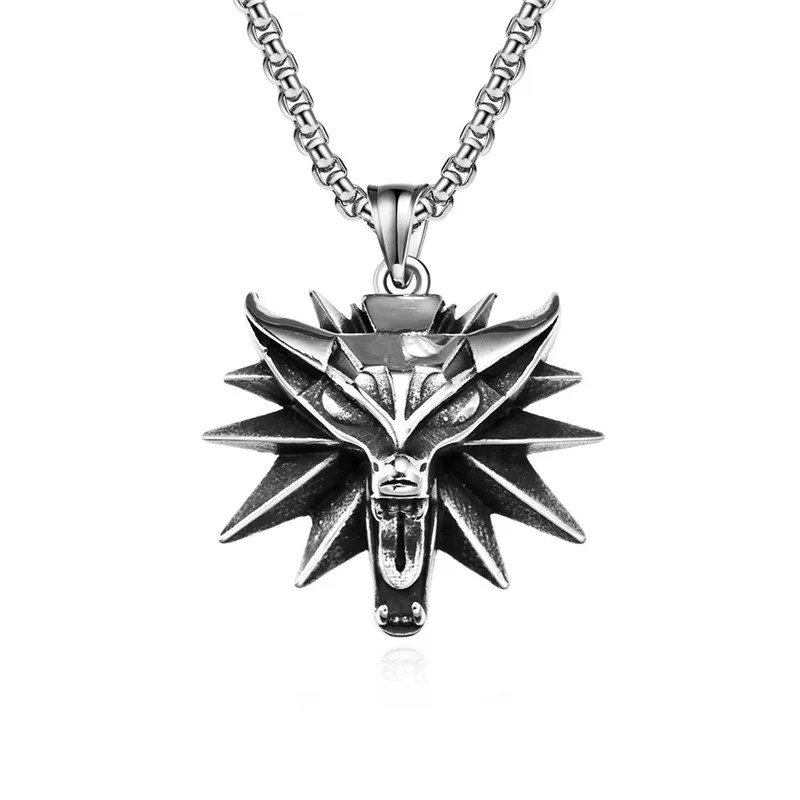 Men’s Pendant Witcher Punk Head Necklace Wolf Rock Biker Jewelry Chain 24″ Gift