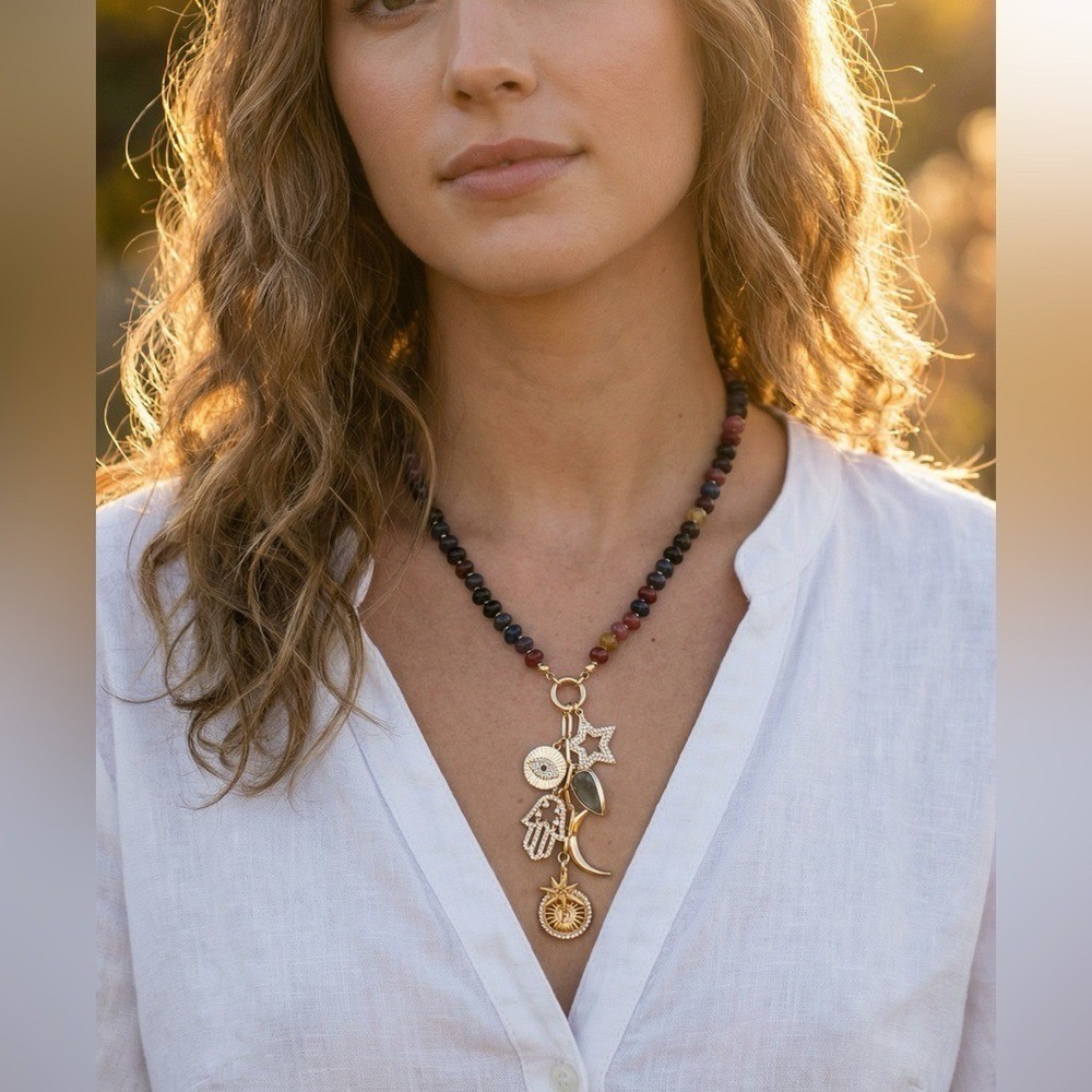 Boho Beaded Charm Necklace Gold Tone Hamsa Star Moon Evil Eye Celestial Gemstone