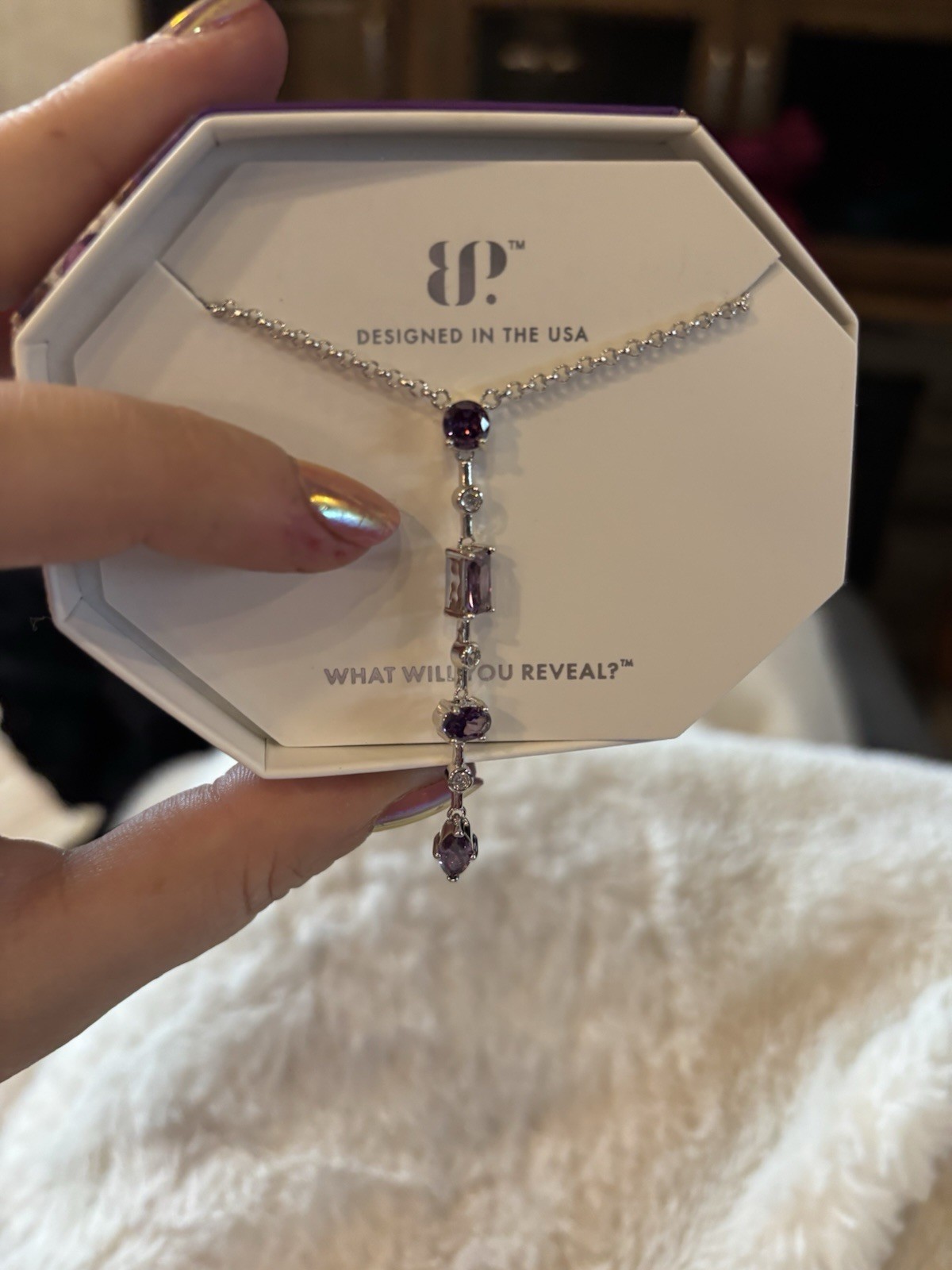 Necklace BP NK63406 Rhodium Plated Silver Amethyst CZ Y-Drop 18in Adjust