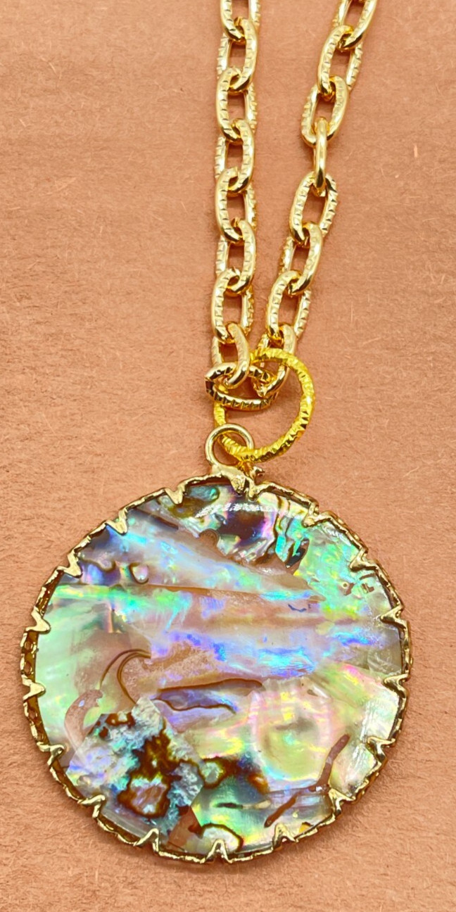 Necklace Gold Tone 28 mm Round Earth Tone Abalone on 24″ Gold Stamped Chain