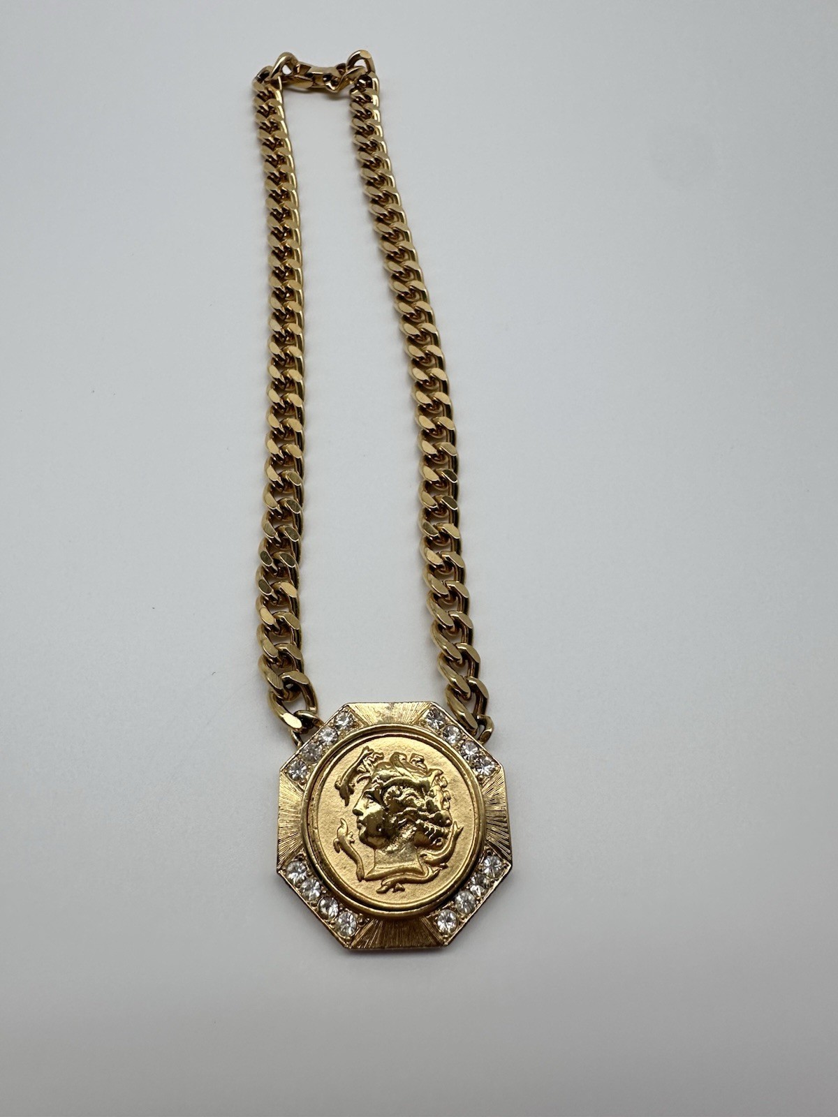 Gold Tone Miami Curb Chain/Crystal Accents/Roman French Emp. Faux Coin Pendant