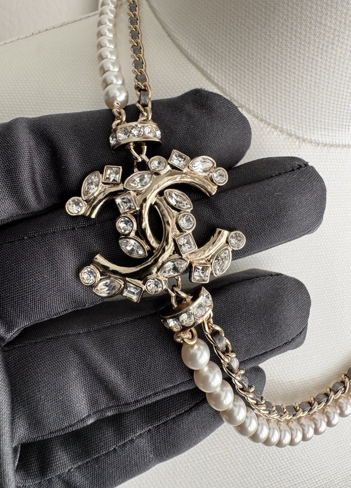 Chanel Pearl Crystal CC Necklace Bronze Leather 23P Adjustable Light Gold Chain