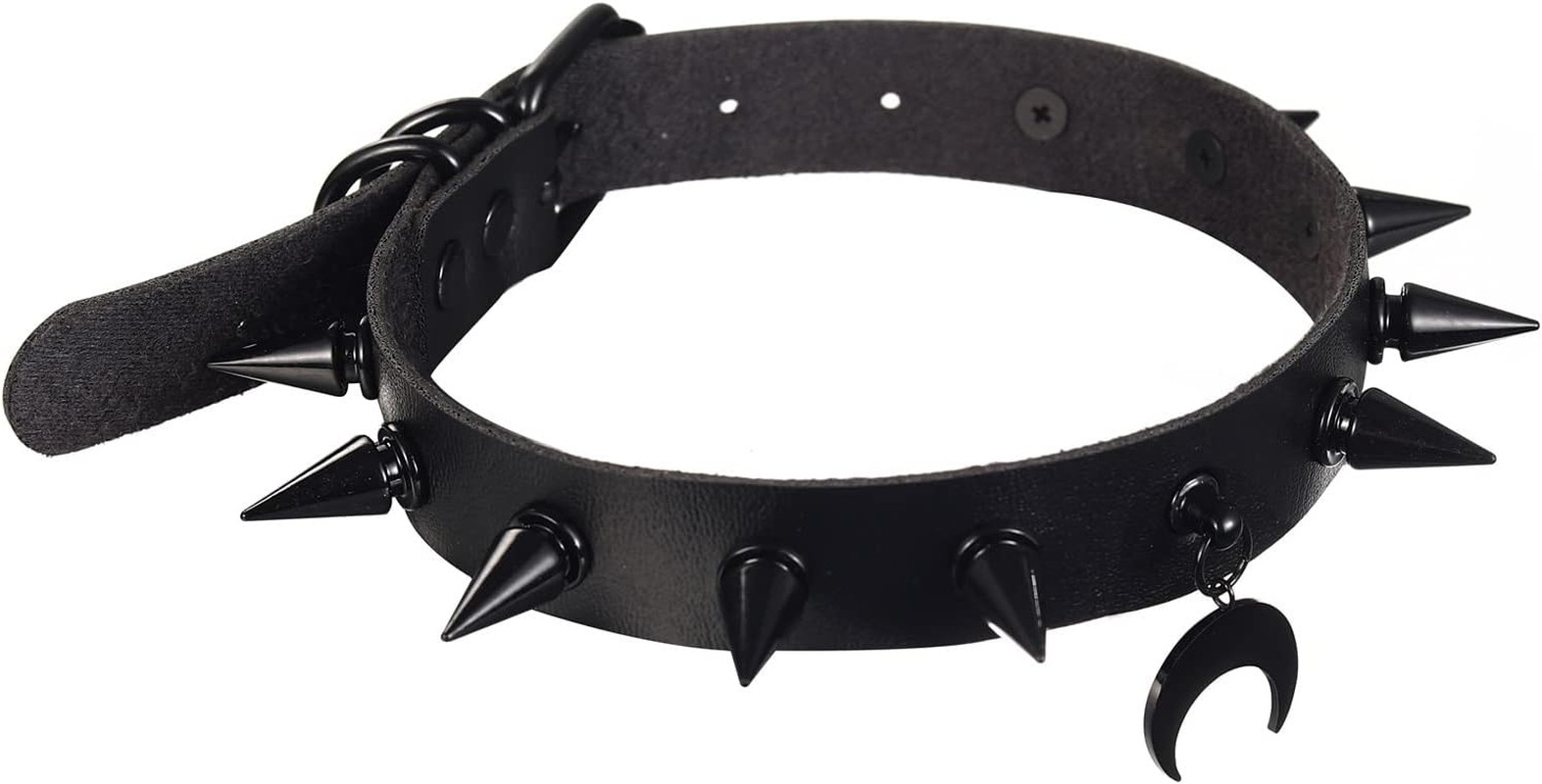 Gothic Spiked Choker Necklace Moon Pendant Faux Leather Collar Black Accessories