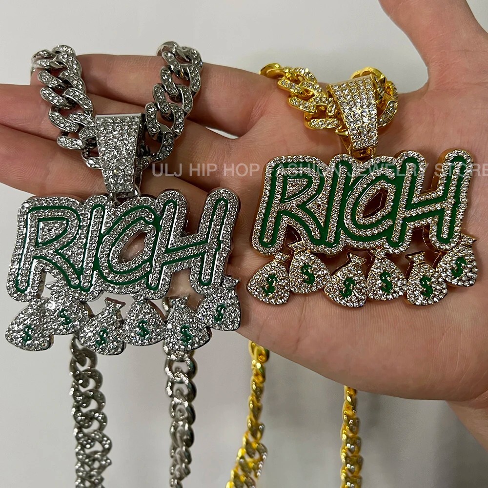 Hip Hop Iced Bling RICH Pendant Necklace Miami Cuban Chain Men’s Fashion Jewelry