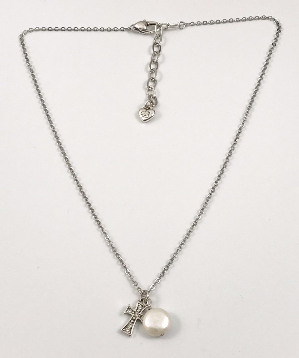 Brighton MARGARITA CROSS Silver Crystal Pearl Pendant Necklace. #515