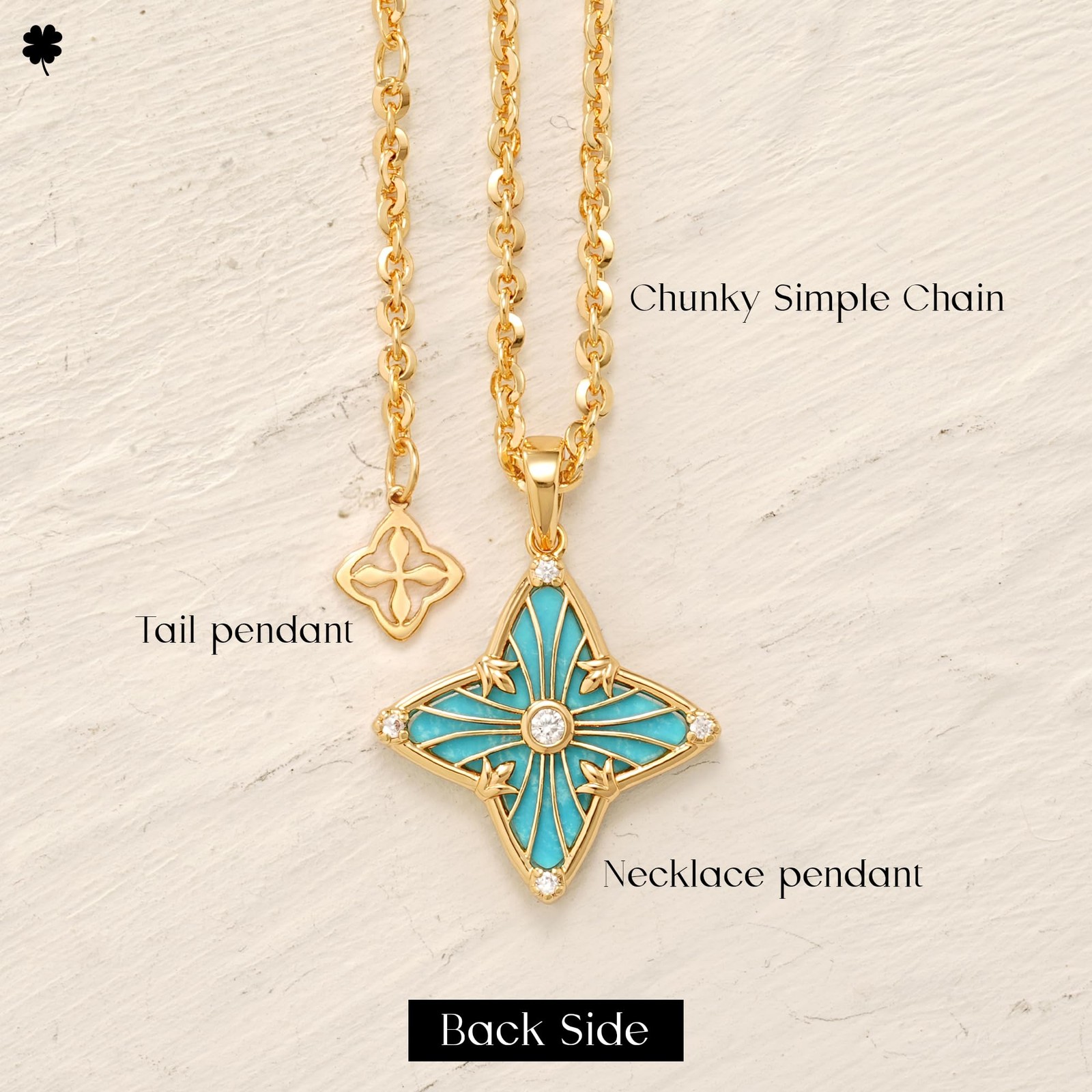 MYEARS Women Clover Necklace Pendant Turquoise Cubic Zirconia One Size, Gold
