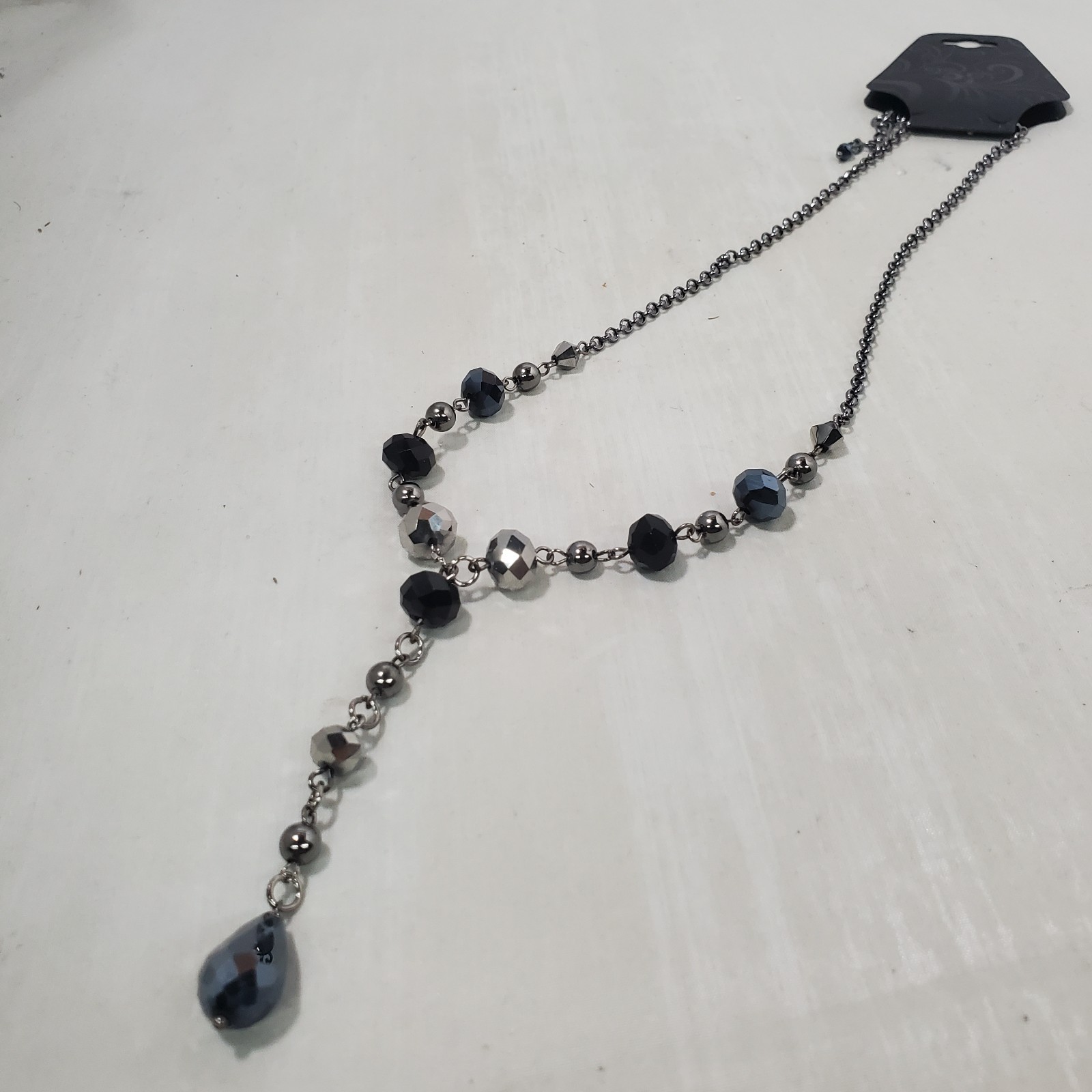 Inter American Faceted black and smoky grey crystal Stone lariat Necklace NWT