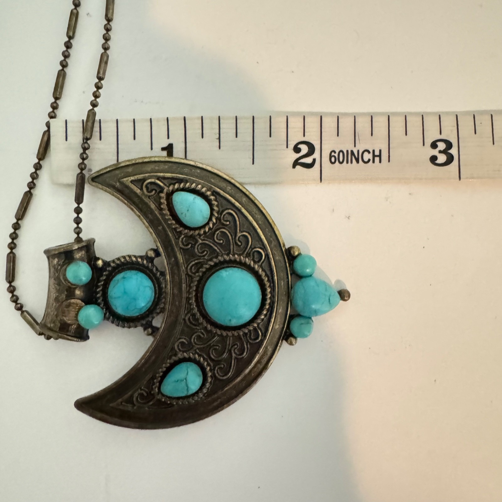 Vintage Boho Crescent Moon Pendant Necklace Faux Turquoise Antique Bronze Chain