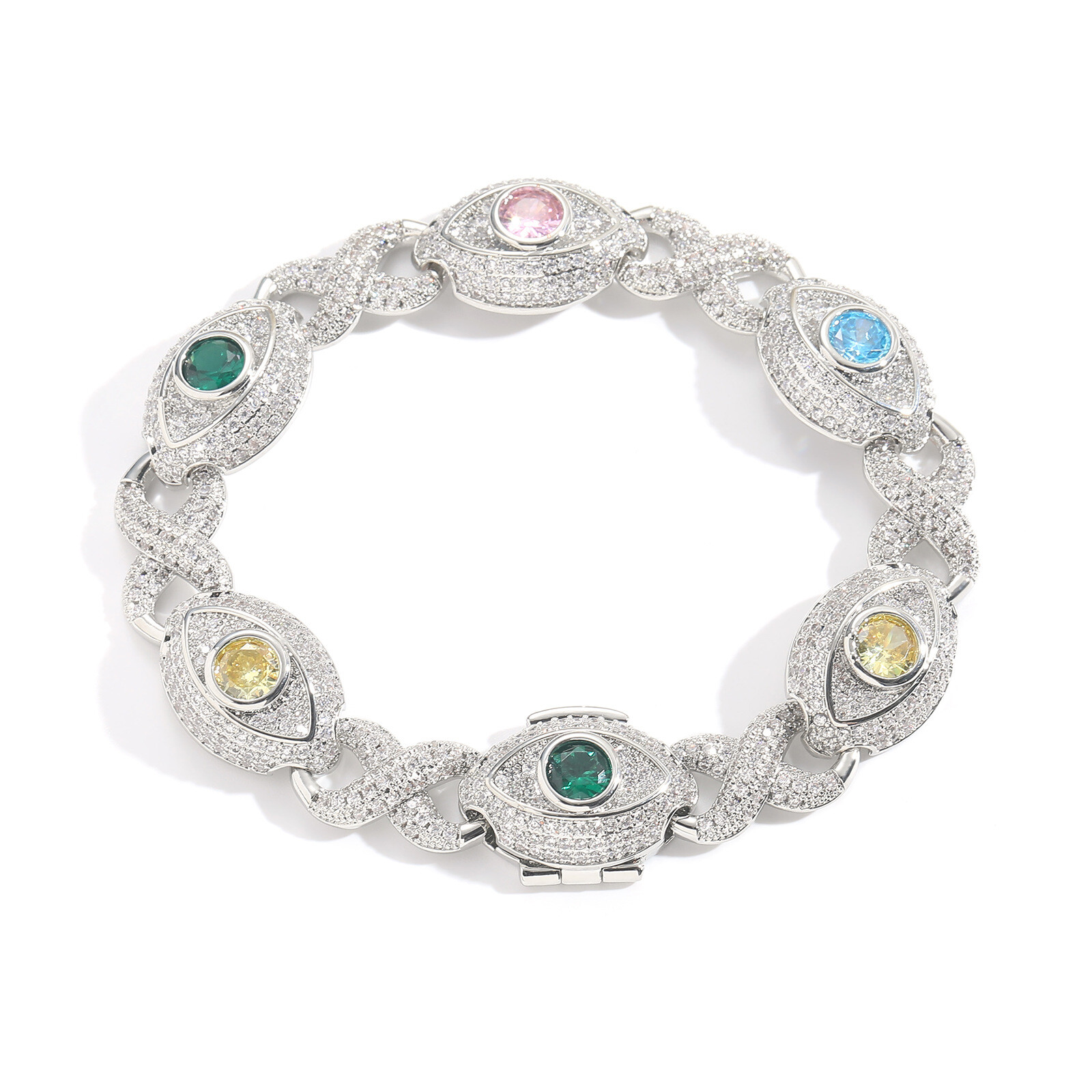 Hip Hop Colorful Eye Cuban Chain Necklace Bracelets 5A Zircon Mens Jewelry