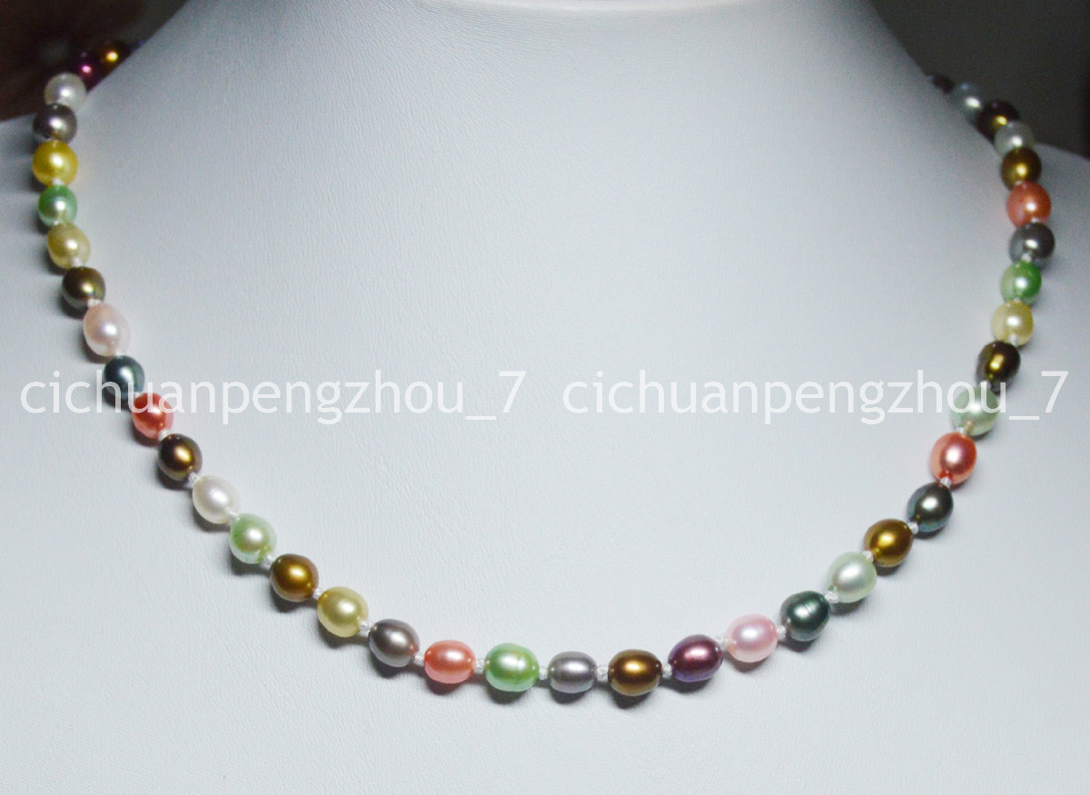 Natural 6-7mm Multicolor Genuine Freshwater Cultured Rice Pearl Necklace 18”